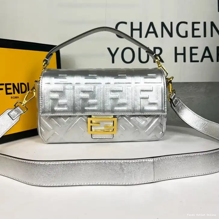Cheap Nappa Leather Bag Baguette Fendi Silver FF In Medium Motif 0622